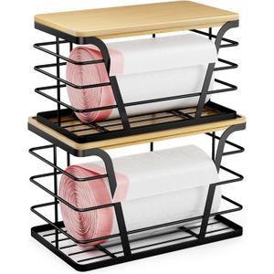 2 Pack Stackable Storage Laundry Kitchen Organizers, Wall Mount Trash Bag Holder with Bamboo Top and Garbage Bag Dispenser No Drill