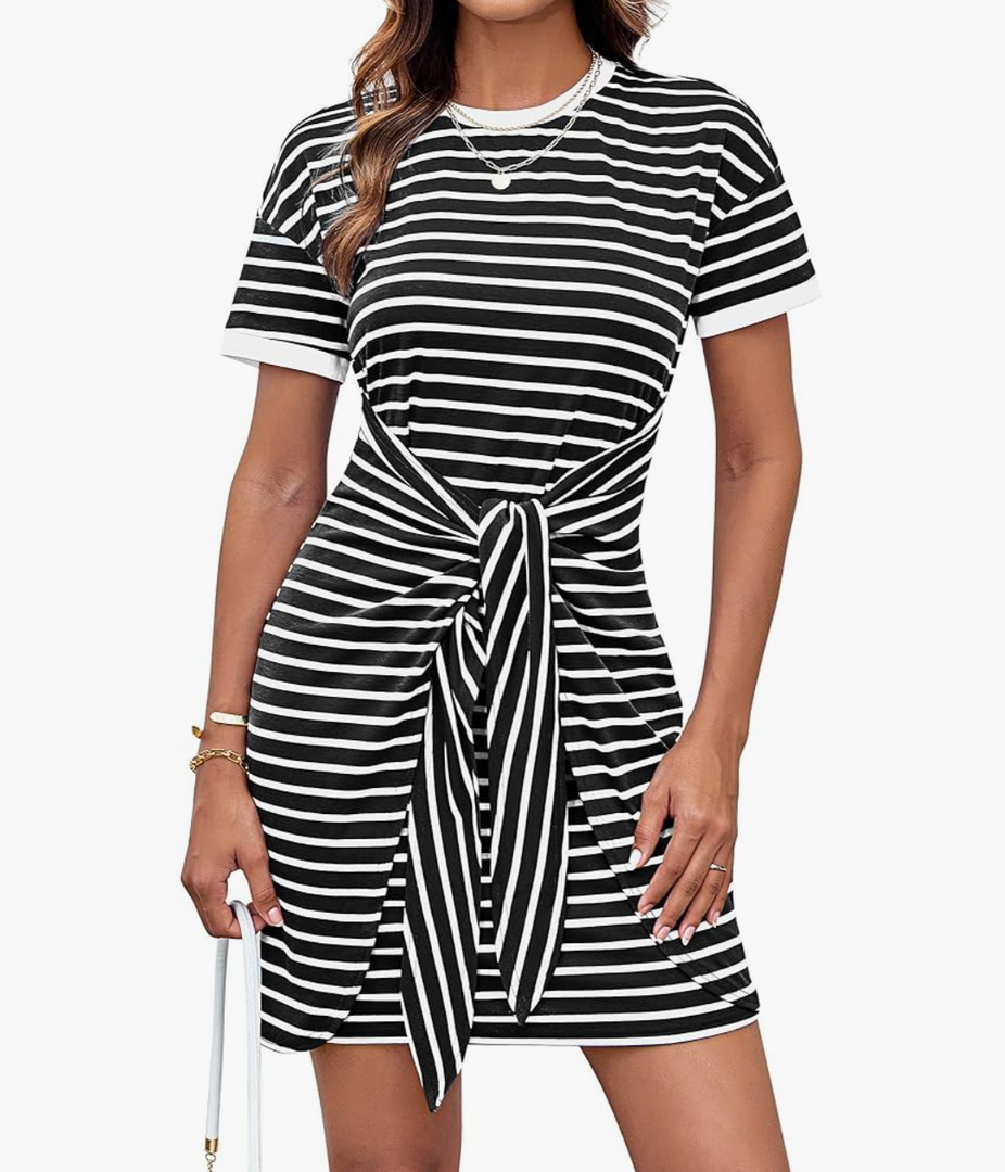 GRACE KARIN Striped Shirt Dresses for Women Front Tie Crewneck Wrap Dress Short Sleeve T-Shirt Casual Mini Bodycon Dress M