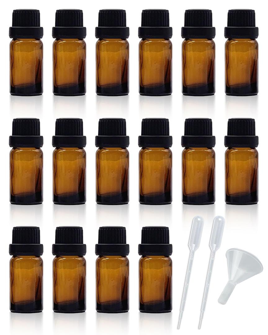 50Pack Set 10ML Amber Glass Bottle with Orifice Reducer and Cap Small Essential Oil Vials (10ML)