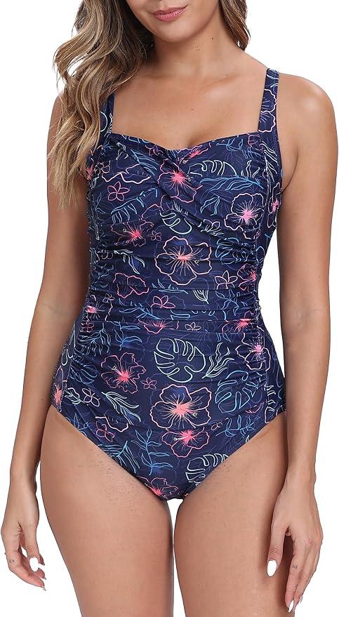 Itzel Women's Twist Front One Piece Swimsuit Tummy Control Flowers Leaf 16