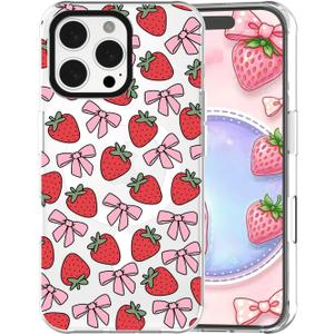  GUESNUY Aesthetic Phone Case Compatible with iPhone 16e,Bow Case Compatible with MagSafe,Soft Clear TPU Anti-Slip Bumper Protective Cover,Strawberry Bows Pattern Designed for Women Girl 