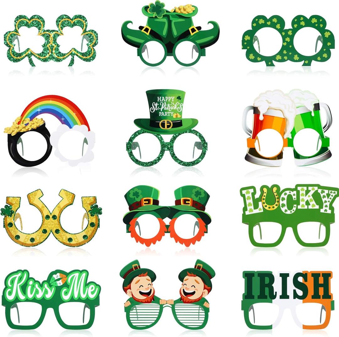 Sumind 24 Pieces St. Patrick's Day Accessories Eyeglasses, Green Lucky Irish Shamrock Leprechaun Paper Glasses Frame Favors Photo Booth Props Decoration for St. Patrick's Day Party Favors Supplies