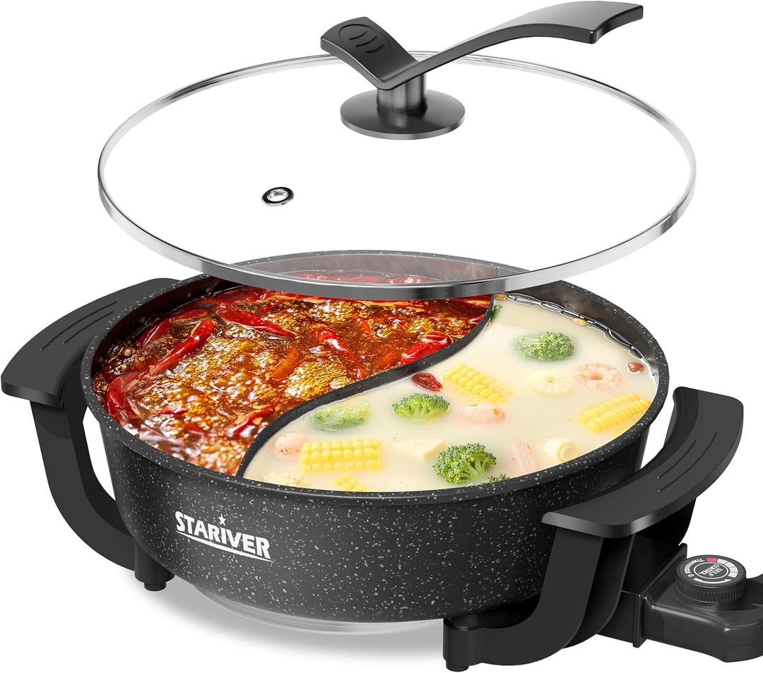 Stariver 6L Electric Hot Pot with Divider - Dual-Flavor Fondue & Shabu Shabu Pot, 1360W with 5-Temp Control, Non-Stick & BPA-Free, Perfect for Family Dinners & Parties
