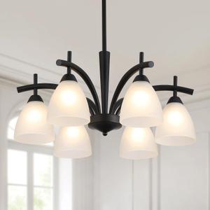 Q&S Modern Farmhouse Black Frosted Glass Chandelier Rustic Kitchen Light Fixtures 6 Lights for Dining Room Living Room Foyer Entryway Bedroom UL Listed D25.6 Inches, Black 
