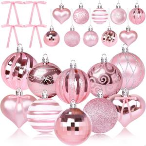 20 Pcs Christmas Ball Ornaments Pink Christmas Ornaments Glittering Plastic Hanging Decorations with 10Pcs Pink Bows Christmas Tree Decorations