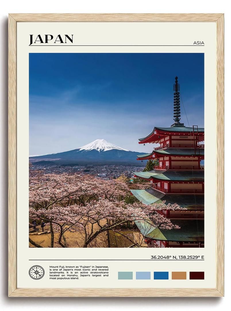 KISSFOX OAK Wood Framed Wall Art Japan Wall Decor Mount Fuji Canvas Art Cherry Blossom Pictures Landscape Paintings Travel Posters Aesthetic Artwork For Bedroom Office Living room