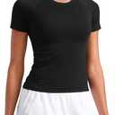 CRZ YOGA Seamless Workout Tops for Women Waist Length - Running Gym Athletic Yoga Short Sleeve Shirts Breathable Crewneck (X-Small, Black)