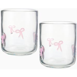 Skylety 2 Pack Bow Icon Juice Glass Coquette Bow Aesthetic Cup 14 ounce Double Old Fashioned Icon Handblown Cocktail glasses for Women Friend Party(Pink) (Clear)