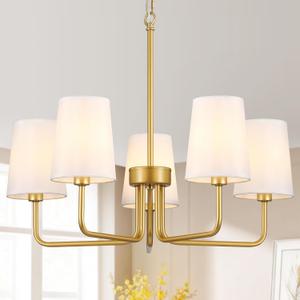 Modern Farmhouse Chandelier, 5-Light Gold Chandelier White Fabric Shade, Height Adjustable Industrial Pendant Light for Kitchen Over Table, 25Dining Room Light Fixture for Living Room