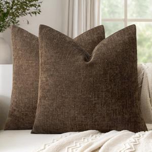 Set of 2 Textured Throw Pillow Covers Decorative Soft Accent Square Chenille Pillowcases Neutral Farmhouse Cushions Modern Home Decor for Couch Sofa Bedroom Living Room 18x18 Inch,Chocolate