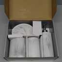 ZCCZ Bathroom Accessory Set, 4 Pcs Marble Look Bathroom Vanity Countertop Bathroom Dcor Sets Accessories with Soap Dispenser, Toothbrush Holder Set, Tumbler, Soap Dish (White Marble Look Rounded)
