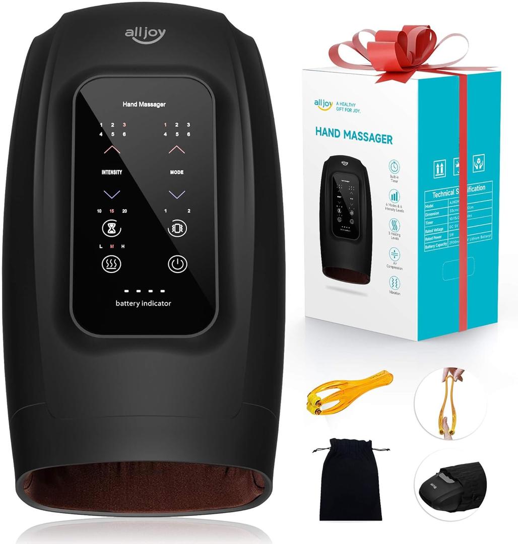 ALLJOY Hand Massager for Arthritis and Carpal Tunnel Relief, Touchscreen Cordless Hand Massager with Vibration and Heat, 6 Levels Pressure Point Therapy, Mothers Day Gifts for Women/Men (Black)