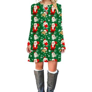 Merry Christmas Women Dresses Long Sleeve Ugly Xmas Mini Dress Snowman Christmas Tree Tunic Dresses (Green)