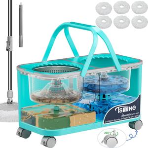 Easy-Use Spin Mop for Cleaner, Controlled Rinsing, Clean & Dirty Water Separation Mop Bucket for Pet & Family Homes,360 Swivel Wheels, Safe for Hardwood & Tile, Adjustable Handle,6 Reusable Mop Heads