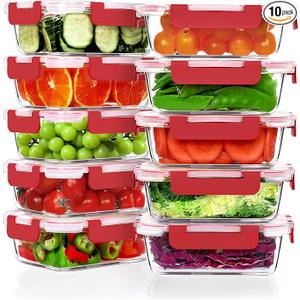 VERONES 10 Pack 22 OZ Glass Meal Prep Containers, Airtight Glass Lunch Containers Set, Glass Food Storage Containers with Lids,Exclusive of BPA, for Microwave, Oven, Freezer & Dishwasher Friendly,Red