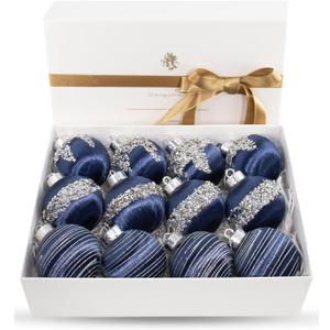 12 Pcs Satin Christmas Ball Ornaments, Luxury Silk Tree Hanging Decorations for Xmas Wreath Garland Wedding Party (Blue)