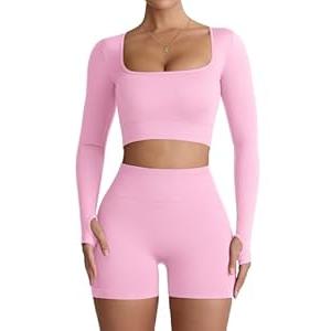 Niipty Two Piece Workout Set for Women Long Sleeve Top Matching High Waist Scrunch Butt Shorts Gym Sets Yoga Outfits - Pink S
