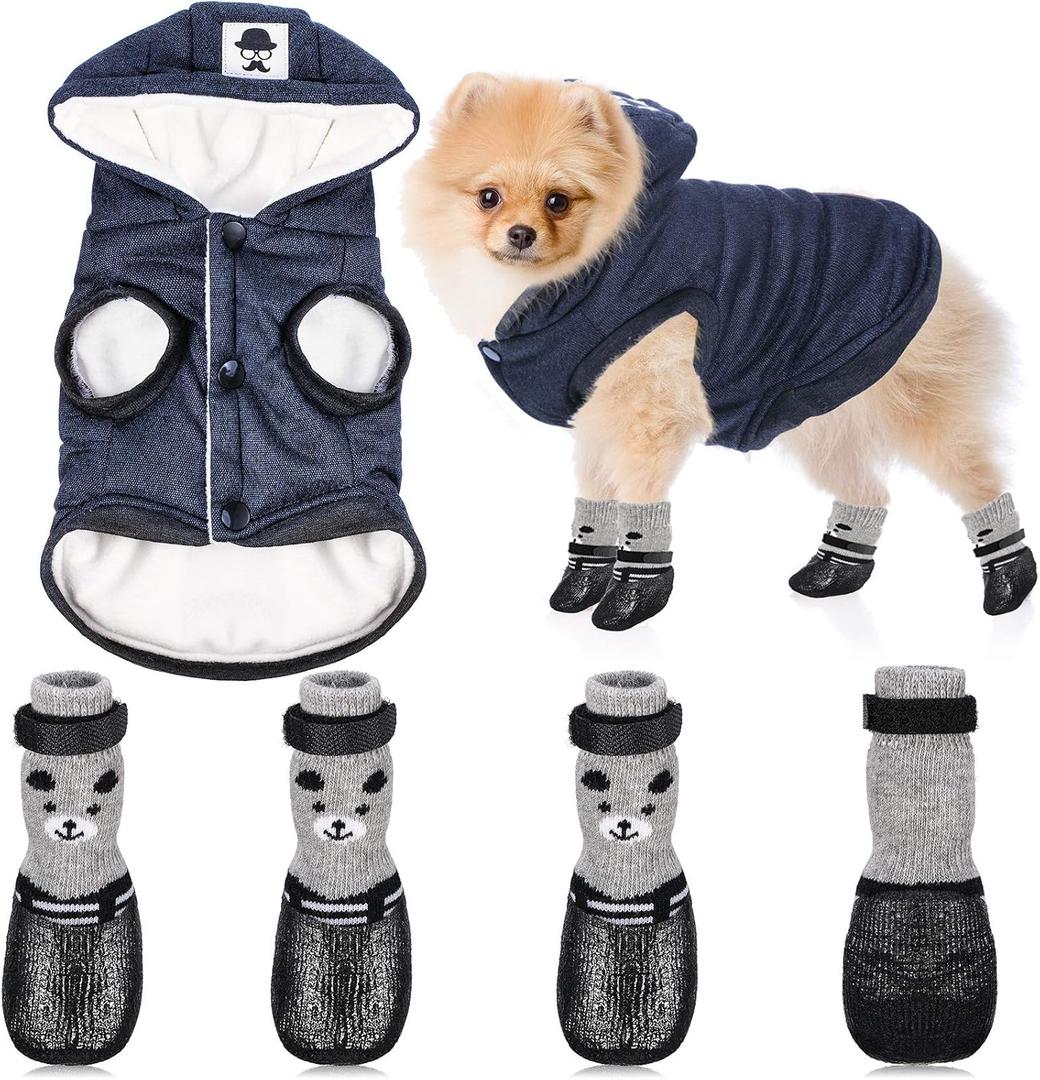 Hooded Puppy Coat and Cat Boots Shoes Socks - Stylish Warm Waterproof Dog Jacket for Small Puppy (Navy Blue, S)