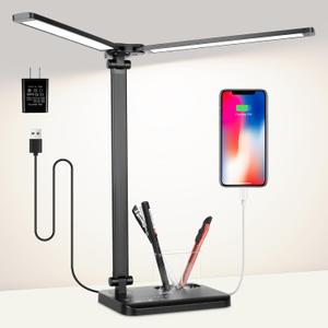 LED Desk Lamp with Dual Heads, 5 Color Modes & 10 Brightness Levels, Adjustable Reading Light for Home Office, Bedroom, Study, Craft (Black, Includes Adapter) (medium 36cm tall)