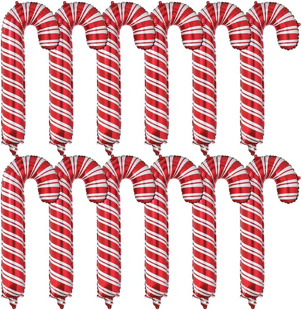 12 Pack Large Red Christmas Candy Cane Foil Party Decor Balloons, Xmas Santa Canes Walking Stick Candy Balloon For Birthday Xmas Wedding New Year Carnival Festival Holiday Party Decorations