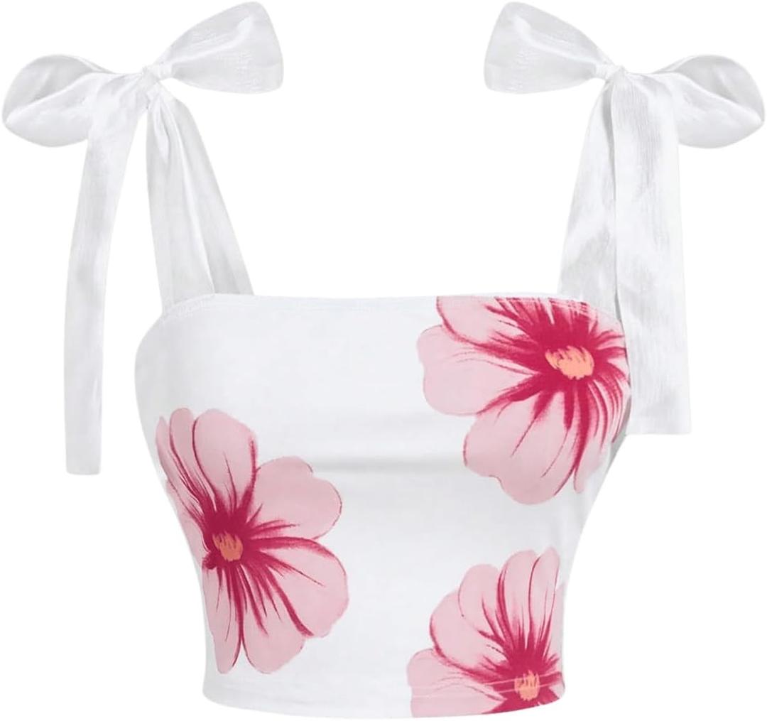 Milumia Women's Floral Bow Tie Shoulder Tank Top Sleeveless Square Neck Crop Tops, S