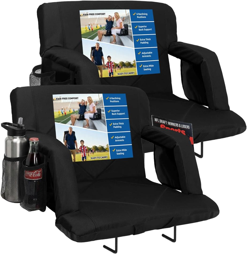 Sheenive Stadium Seats with Back Support (380 lbs) - 2.8'' Thick Comfy Cushion, 6 Adjustable Angles Bleacher Seat with Armrests - Includes Backpack Strap, Carry Handle, 2 Cup Holders & 2 Large Pockets (20.5" Wide)
