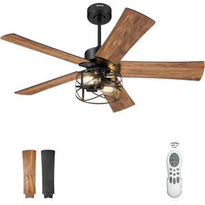 YOUKAIN Ceiling Fans with Lights, 48 Inch Farmhouse Ceiling Fans with Lights and Remote, 5-Reversible Blades with Matte Black/Wooden Finish, 48-YJ632-BKW (48" - Metal Shade (No Glass))