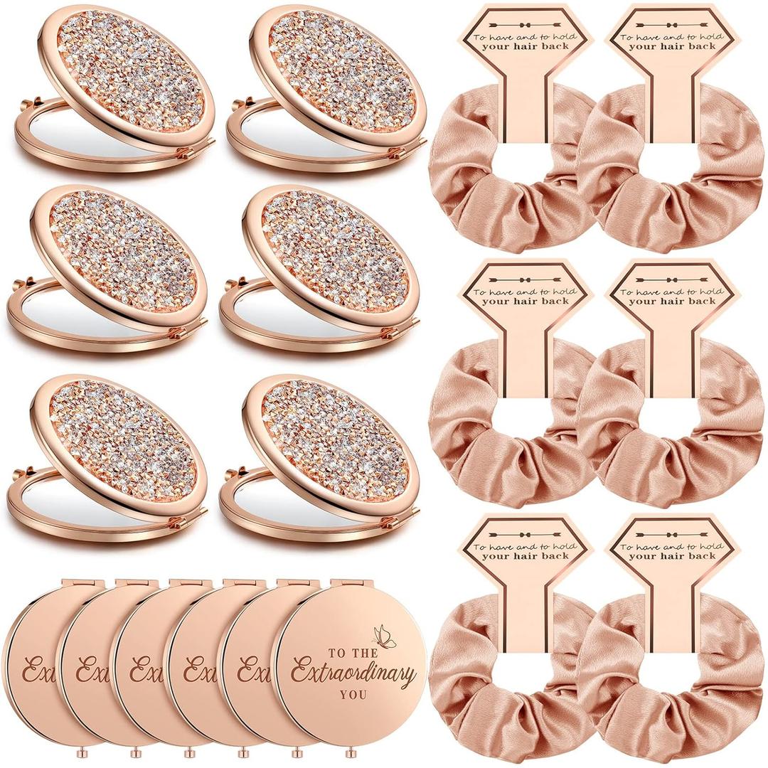 Chunful 6 Sets Bridesmaid Gifts for Women Include Rose Gold Compact Makeup Mirror with Satin Hair Ties Scrunchies Rhinestone Pocket Mirror for Bridal Shower Favors Bachelorette Party Gifts