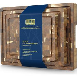HOSHANHO 3 Packs Acacia Wood Cutting Board Set, Extra Large Cutting Boards for Kitchen Meal Prep, Durable Chopping Board with Built-in Ergonomic Handles & Deep Juice Grooves, Set of 3 (S+M+L