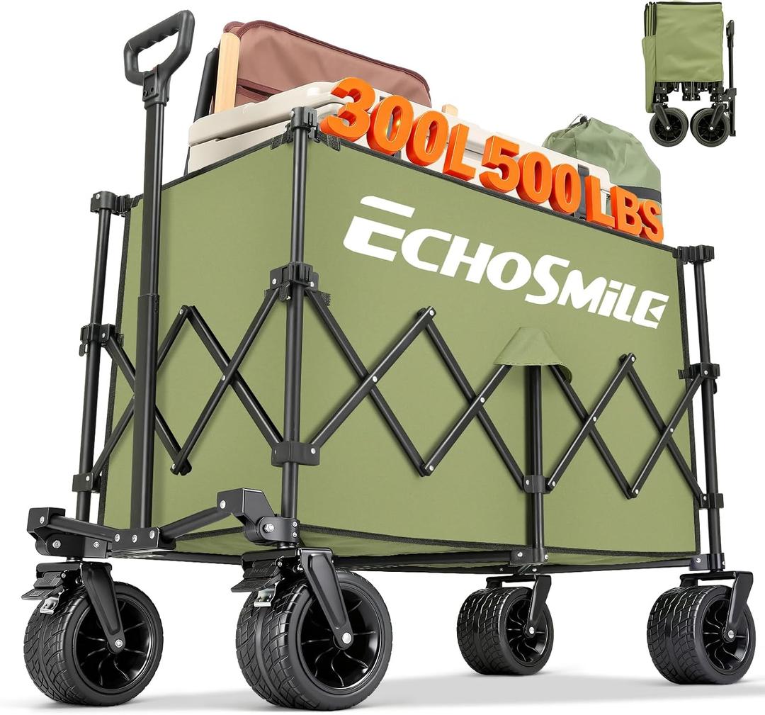 EchoSmile Collapsible Foldable Extended Wagon with 500Lbs Weight Capacity, 300L Folding Utility Wagon Cart with Big All-Terrain Wheels for Beach, Sport, Garden&Grocery (Green)