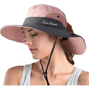 ZOORON Women's Ponytail Safari Sun Hat,Wide Brim UV Protection Outdoor Bucket Hat,Foldable Beach Summer Fishing Hat (6 3/4-6 7/8, 1-pink)