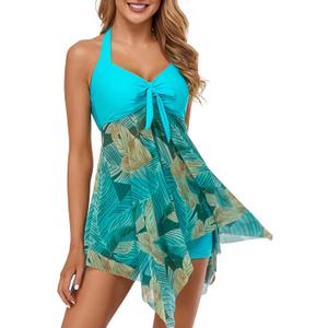 MiYang Womens Tankini Swimdress with Boyshorts Two Piece V Neck Bowknot Halter Bathing Suit Dress (Blue), XL
