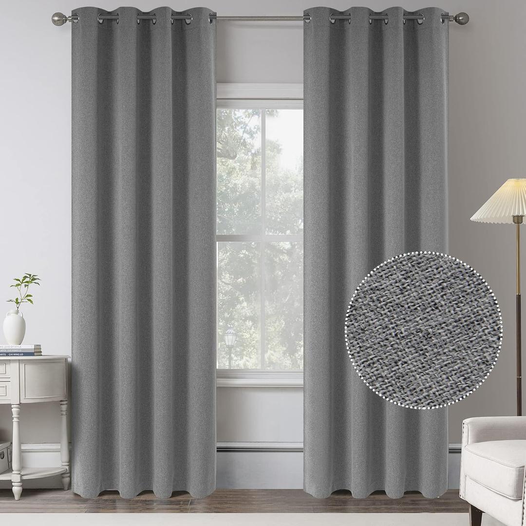 108 Inches Extra Long Linen 100% Blackout Curtains for Bedroom - Dove Grey Energy Saving Thermal Insulated Burlap Textured Curtain Drapes for Country Villa (Set of 2 Panels,W 52 x L 108 Inch Length)
