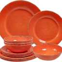 Rustic Melamine Dinnerware Sets, Farmhouse Dishes Set for 4, Lightweight 12 Piece Kitchen Plates and Bowls Set for Indoor and Outdoor Use, Dishwasher Safe, Orange
