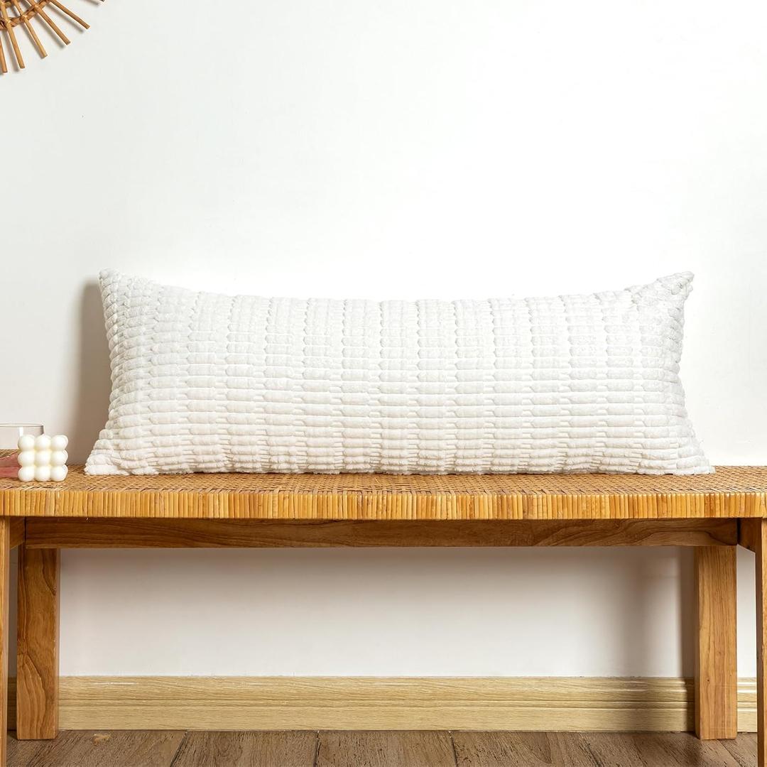 Corduroy Lumbar Pillow Cover 14x36 inch, Cream White Decorative Chic Cozy Long Pillow Cover Soft Luxurious Pillow Case Home Decor for Sofa Bed Room Livingroom, ONLY 1 Cover