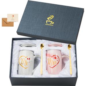 Wedding Gifts for Bride and Groom,Bridal Shower Engagement Gifts for Couples 2026,Mr and Mrs Marble Coffee Mugs 16 Oz,Christmas gift (Grey&Pink)