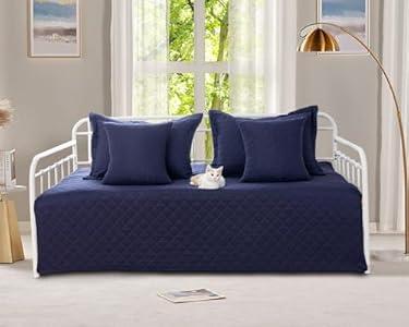 Feyocn 5-Piece Daybed Cover Set Navy Blue Twin Cozy Daybed Bedding Sets for All Season Lightweight Daybed Comforter Bedspread, Geometric Print Day Bed Cover for Twin Bed with 4 Pillow Shams, 39"x75"