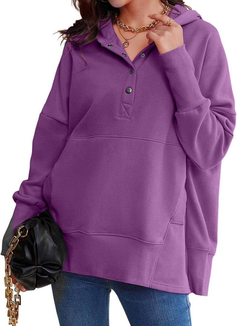 AlvaQ Womens Oversized Sweatshirts Hoodies Fleece Button Neck Hooded Tops Casual Pullover Tunics Winter Outfits 2025 (Large, Violet)