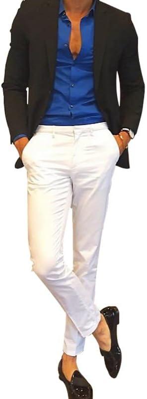 Men's Casual Slim Fit Flat Front Straight Iron Free Trousers White, Size 6