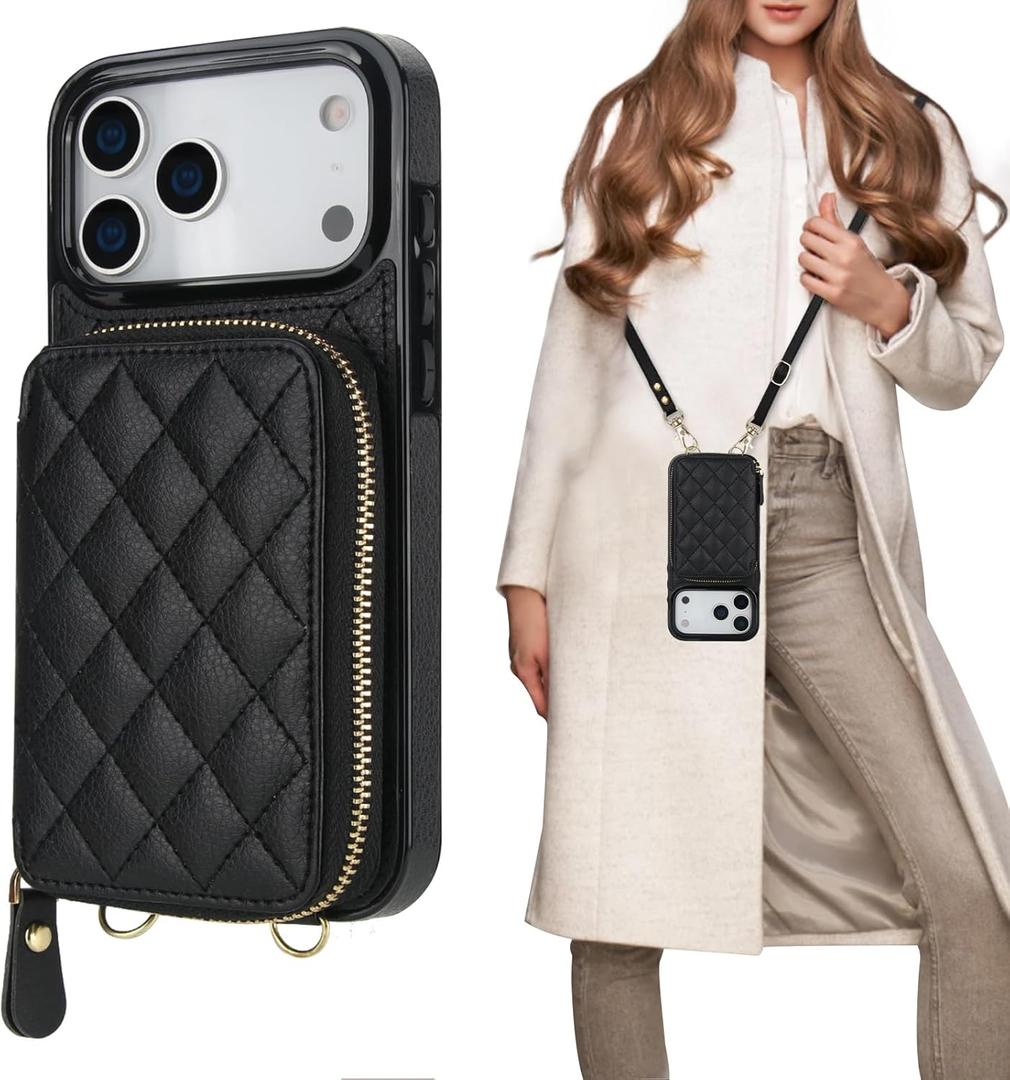 Bocasal Crossbody Wallet Case for iPhone 17 Pro Max, RFID Blocking PU Leather Zipper Handbag Purse Flip Cover, Kickstand Folio Case with Card Slots Holder Wrist Strap Lanyard 5G 6.9 Inch (Black)