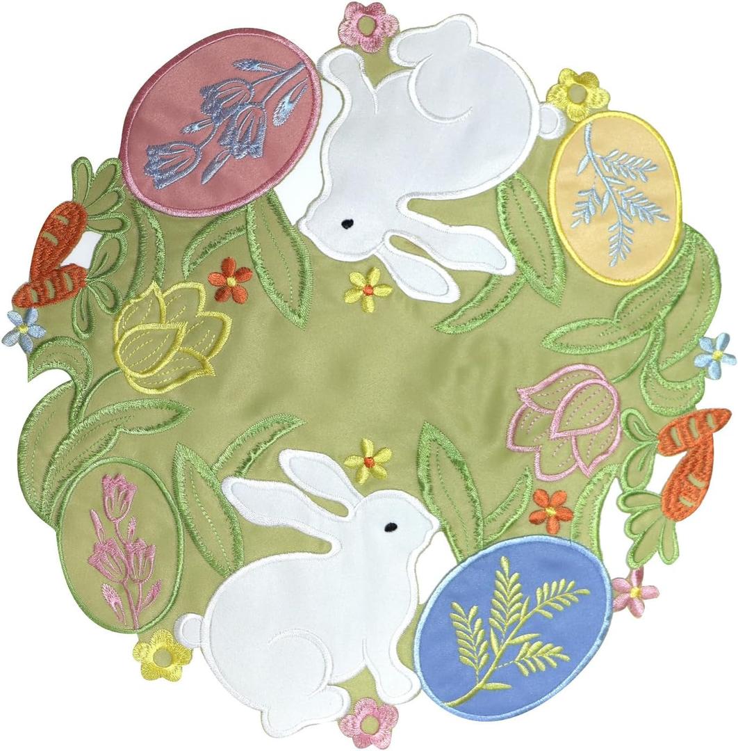 Easter Placemats Set of 4 Round Embroidered Bunny Easter Eggs Green Rabbit | Easter Table Place Mats Sage Green Circle,Spring Season Floral Coffee Dining Table Centerpiece, Tulips Flower Cutwork Cutout