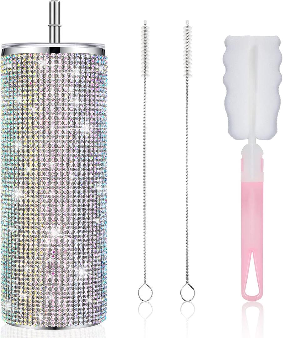 Tessco Bling Tumbler Cups Rhinestones with Straw Glitter Water Bottle Stainless Steel Straw Tumbler Insulated Bling Cup with Lid Brush for Teacher Graduation Season Gifts(20 oz,Colorful)