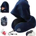 Travel Pillow with Extra Large Hood for Airplane Long Flights Privacy and Comfort Memory Foam with Velvet Cover for Road Trip Head&Neck Support for Plane Office Cars Sleeping & Rest (Navy Blue)