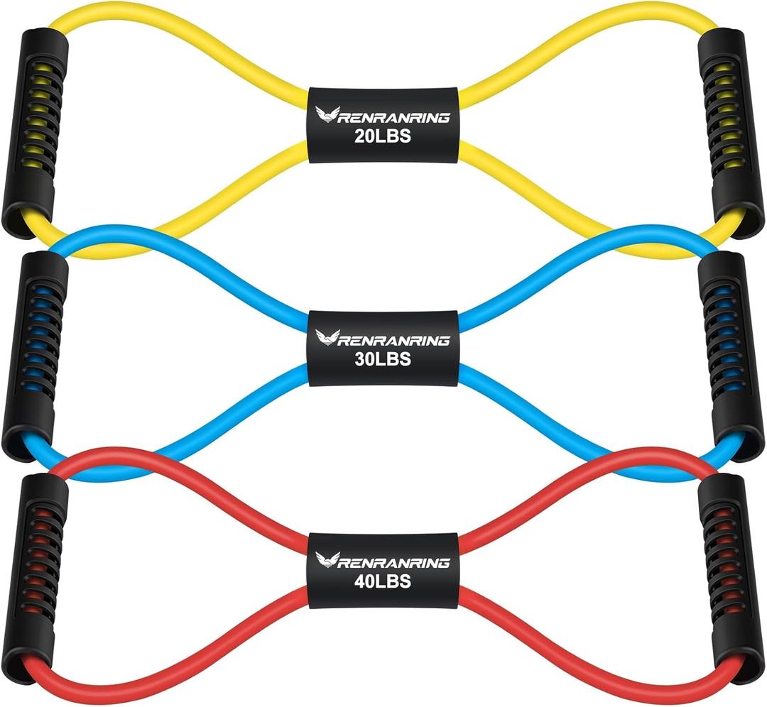 RENRANRING Figure 8 Fitness Resistance Bands with Handles - Exercise Tube Band Set of 3 for Arm and Shoulder Stretch, Rope 8 Word Elastic for Women and Men (Yellow, Blue, Red)