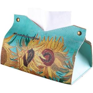 Tissue Box Holder with Oil Painting Style, Leather Storage Box, Suitable for Cars, Homes, and Offices(Sunflower)