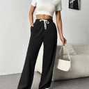 PINSPARK Wide Leg Sweat Pants for Womens High Waisted Baggy Sweatpants Casual Drawstring Workout Pants with Pockets (Black, XL)