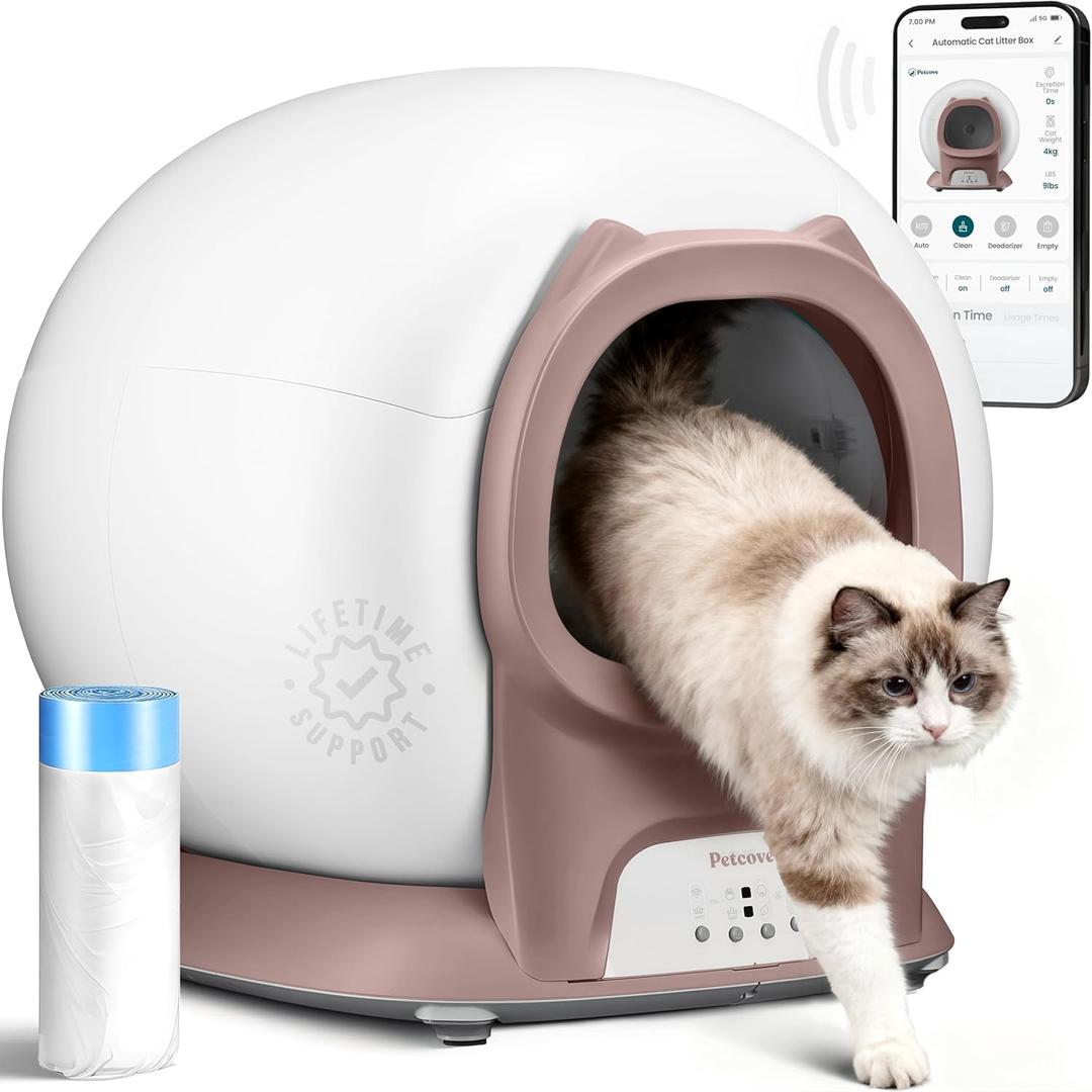 Self Cleaning Litter Box with Auto Safety Sensors for Multiple Cats - Automatic Cat Litter Box Self-Cleaning - Covered Odor Removal with APP Control - Compatible On All WiFi - Electric Robot (Pink)