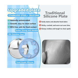 Stainless Steel Kids Plates - 9" Divided Toddler Plates With Removable Silicone Sleeves for Baby, With Suction, Non-Toxic BPA-Free Dishwasher & Microwave Safe Baby Snack Dishes Set of 2 (Blue/ Beige)