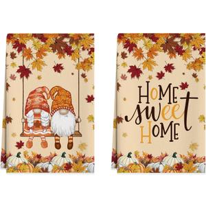 XCHI Fall Pumpkin Gnome Maple Leaves Dish Towels 18x26 Inch Hand Kitchen Towels Dishcloth Sweet Home Decorations Set of 2