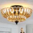 Semi Flush Mount Ceiling Light, Amber Glass Ceiling Light Fixture, 3-Bulb Modern Black Close to Ceiling Light, Vintage Glass Ceiling Lights for Bedroom Kitchen Living Room, Bulb Not Included